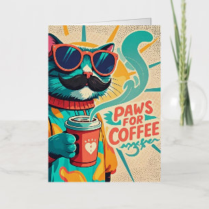 大きすぎるサングラスを着て、コーヒーを持っている猫 箔グリーティングカード