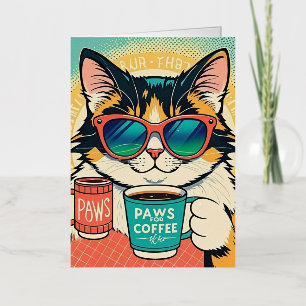 大きすぎるサングラスを着て、コーヒーを持っている猫 箔グリーティングカード