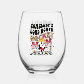 大きなおもしろい口ホッケー母のワードアート ステムなしワイングラス (裏面)