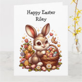 大きなかわいいビンテージのイースターバニー、バスケットと卵 カード (黄色い花)