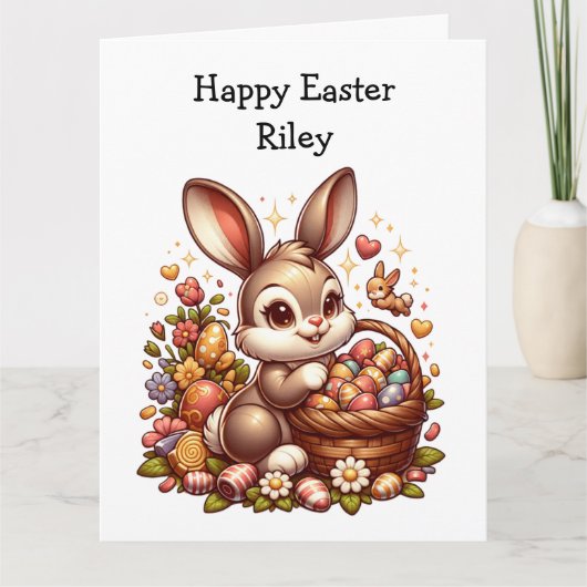 大きなかわいいビンテージのイースターバニー、バスケットと卵 カード (正面)