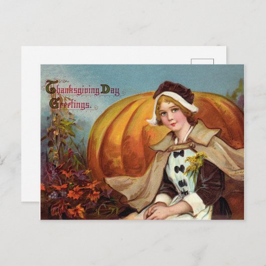 大きなかわいらしかぼちゃの感謝祭を持つ若い女性 ポストカード (正面/裏面)