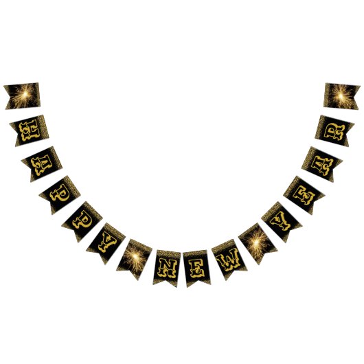 大きなはっきりした手紙と黒と金ゴールドの新年を祝う バンティングフラッグ (全)