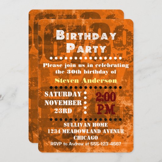 大きなはっきりした数字オンブラウンオレンジ誕生日招待状 招待状 (正面/裏面)