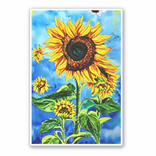 大きなひまわり水彩絵画自然 シール (正面)