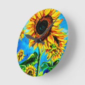 大きなひまわり水彩絵画自然 ラウンド壁時計 (傾斜)