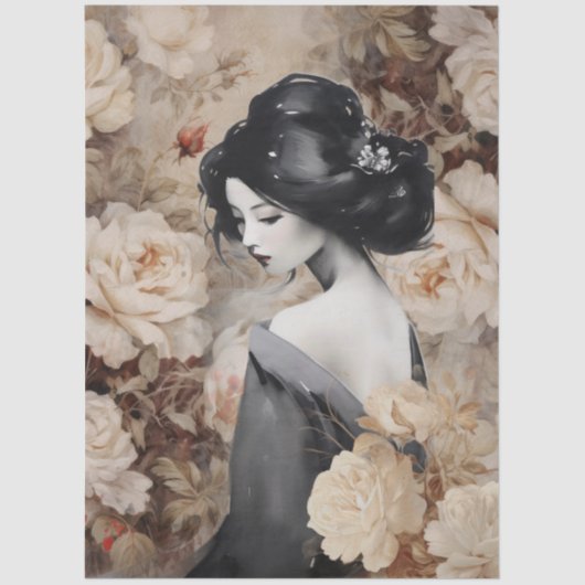 大きなインスパイアヴィンテージエレガントアジアの女性とバラ 薄葉紙 (正面)