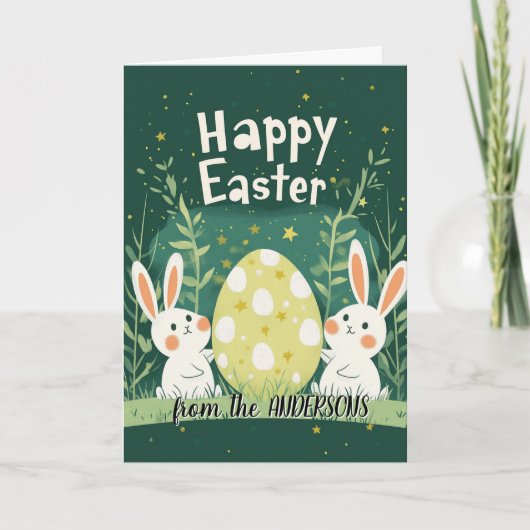 大きなイースターエッグと２匹の緑のウサギ シーズンカード (正面)