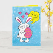 大きなイースター卵の漫画と可愛いイースターバニー カード (黄色い花)