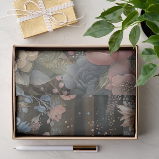 大きなウッドランドの森の花模様とラクーンのデコページ 薄葉紙 (ギフト)