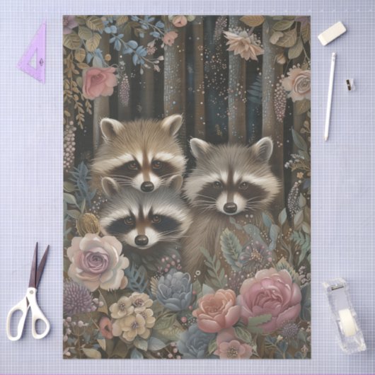 大きなウッドランドの森の花模様とラクーンのデコページ 薄葉紙 (クラフト)