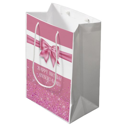 大きなエレガントピンクの弓グリッタースパークルシック ミディアムペーパーバッグ (正面アングル)