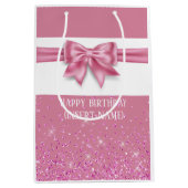 大きなエレガントピンクの弓グリッタースパークルシック ミディアムペーパーバッグ (正面)