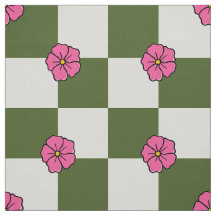 大きなオリーブピンクの花柄チェックボードツイル