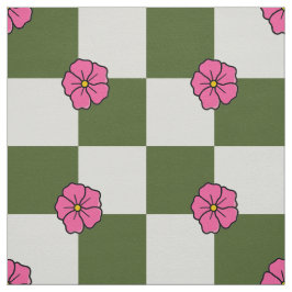 大きなオリーブピンクの花柄チェックボードツイル ファブリック