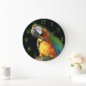 大きなオレンジとティール(緑がかった色)のオウム ラージ壁時計 (ホーム)
