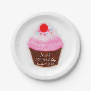 大きなカップケーキとチェリーの水彩パーティー ペーパープレート