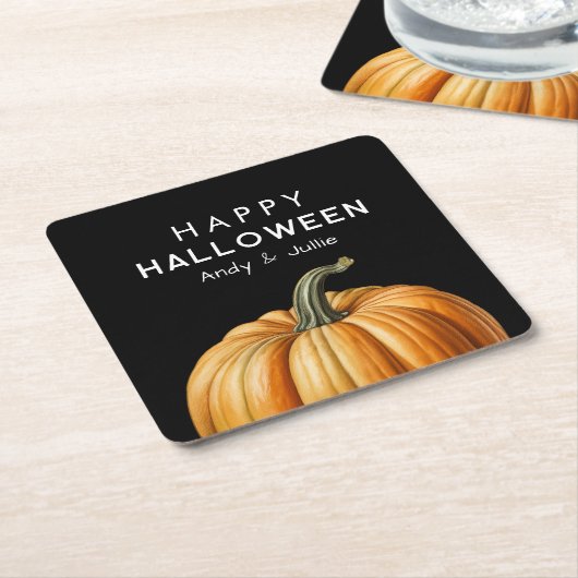 大きなカボチャを持つハッピーハローウィン スクエアペーパーコースター (アングル)