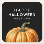 大きなカボチャを持つハッピーハローウィン スクエアペーパーコースター (正面)
