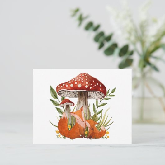 大きなキノコの下の母ギツネと子ギツネ ポストカード (スタンド正面)