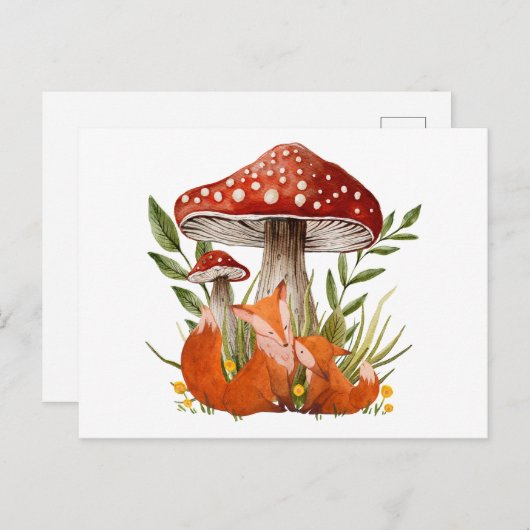 大きなキノコの下の母ギツネと子ギツネ ポストカード (正面/裏面)