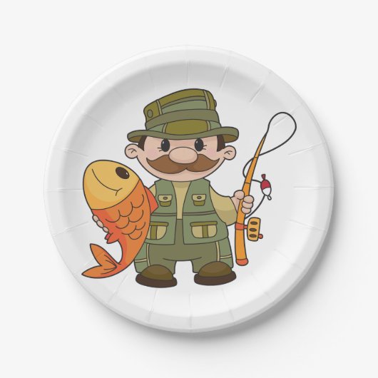 大きなキャッチ魚釣りを持つ漫画の釣り人おもしろい ペーパープレート (正面)