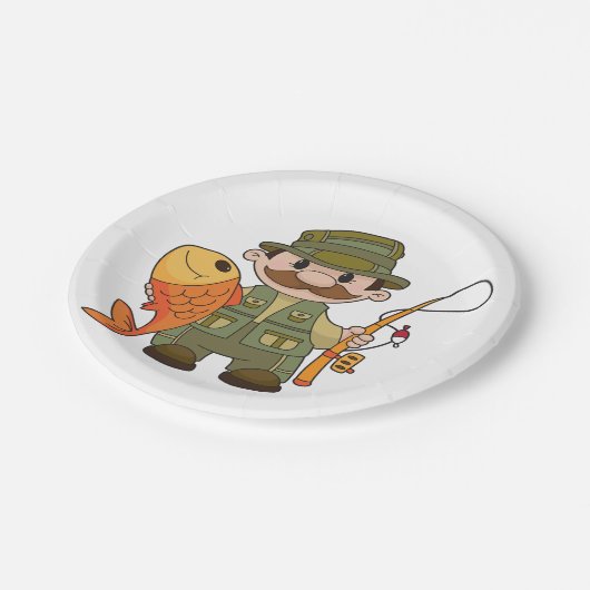 大きなキャッチ魚釣りを持つ漫画の釣り人おもしろい ペーパープレート (アングル)