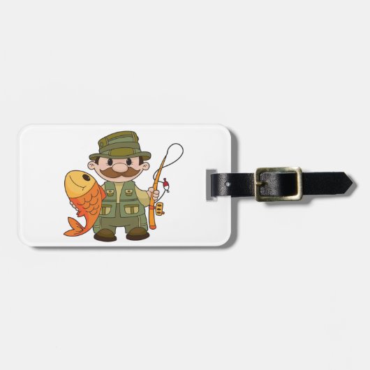 大きなキャッチ魚釣りを持つ漫画の釣り人おもしろい ラゲッジタグ (正面横)