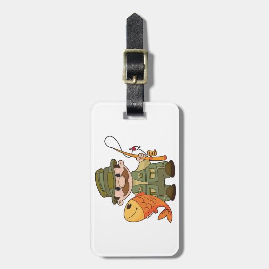 大きなキャッチ魚釣りを持つ漫画の釣り人おもしろい ラゲッジタグ (正面縦)