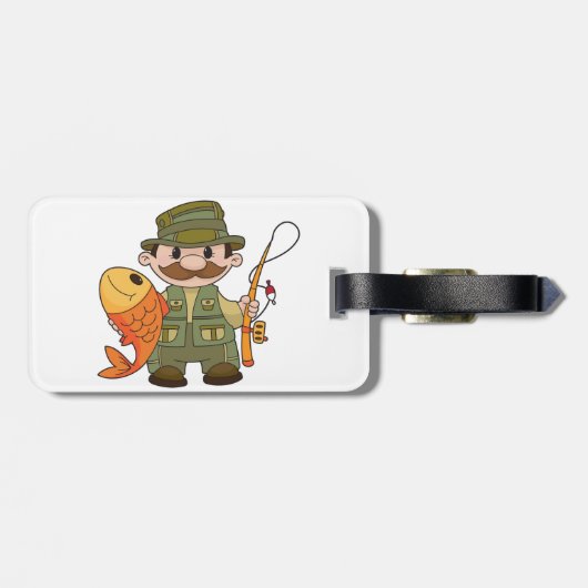 大きなキャッチ魚釣りを持つ漫画の釣り人おもしろい ラゲッジタグ (裏面横)