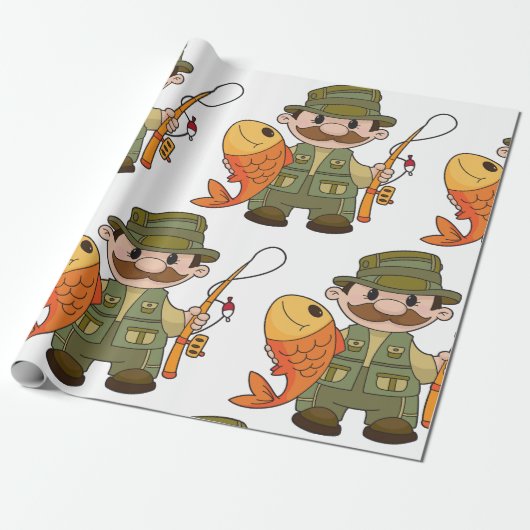 大きなキャッチ魚釣りを持つ漫画の釣り人おもしろい ラッピングペーパー (アンロールド)