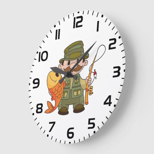 大きなキャッチ魚釣りを持つ漫画の釣り人おもしろい ラージ壁時計 (傾斜)