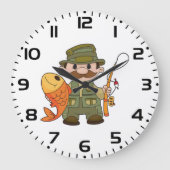 大きなキャッチ魚釣りを持つ漫画の釣り人おもしろい ラージ壁時計 (正面)