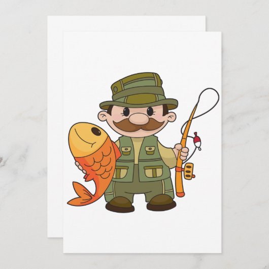 大きなキャッチ魚釣りを持つ漫画の釣り人おもしろい 招待状 (正面/裏面)