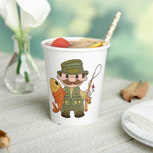 大きなキャッチ魚釣りを持つ漫画の釣り人おもしろい 紙コップ