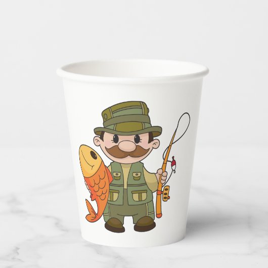 大きなキャッチ魚釣りを持つ漫画の釣り人おもしろい 紙コップ (正面)