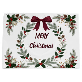 大きなクリスマスホリデー用の赤いリボンのヒイラギと松 ラージペーパーバッグ