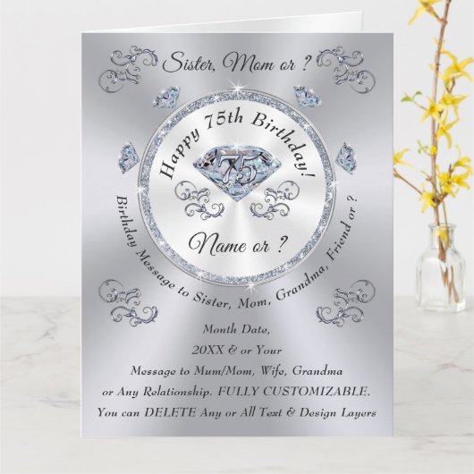 大きなゴージャスな妻、母、姉妹75番目の誕生日カード カード (黄色い花)