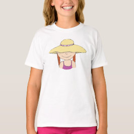 大きなサンハットの夏Tシャツの可愛い女の子 Tシャツ
