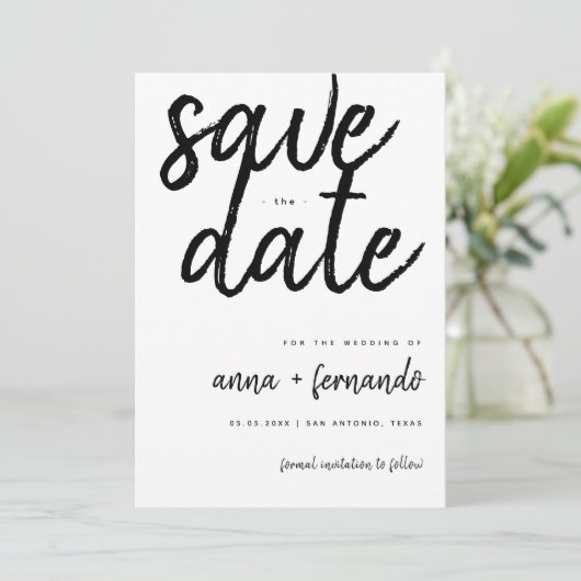 大きなスクリプト黒と白の結婚式の日付を保存 招待状 (スタンド正面)