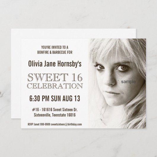 大きなセピア写真Sweet sixteen誕生パーティー 招待状 (正面/裏面)