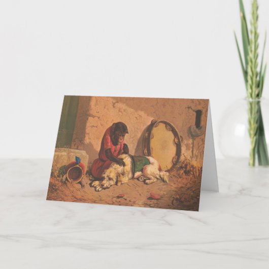 大きなタンバリンを持つサルと犬 カード (正面)