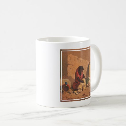 大きなタンバリンを持つサルと犬 コーヒーマグカップ (正面右)