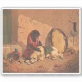 大きなタンバリンを持つサルと犬 シール (正面)