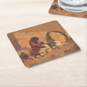大きなタンバリンを持つサルと犬 スクエアペーパーコースター (アングル)