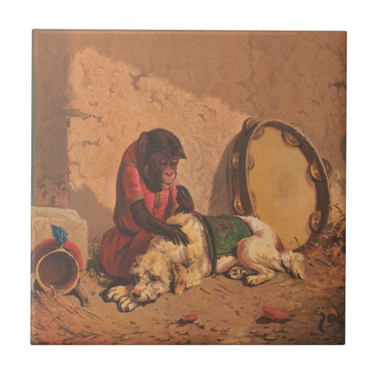 大きなタンバリンを持つサルと犬 タイル (正面)