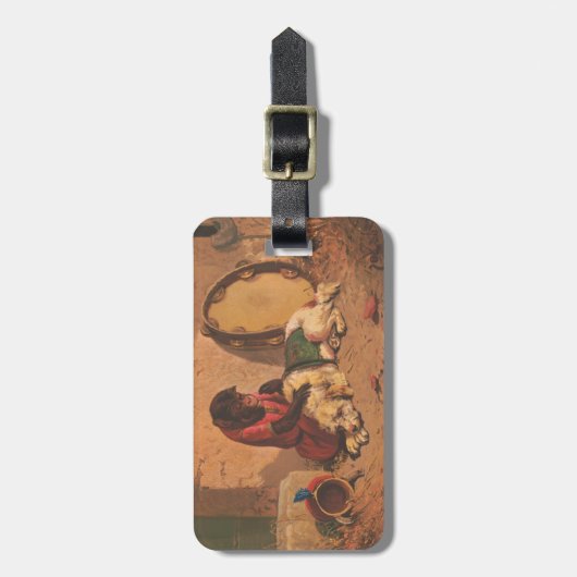 大きなタンバリンを持つサルと犬 ラゲッジタグ (正面縦)