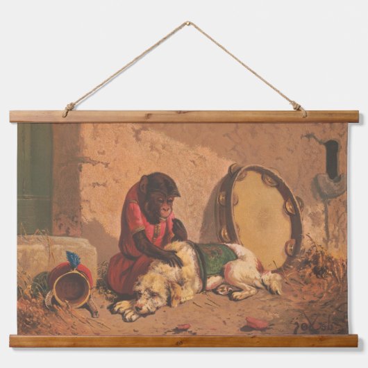 大きなタンバリンを持つサルと犬 吊り下げ型タペストリー (正面)