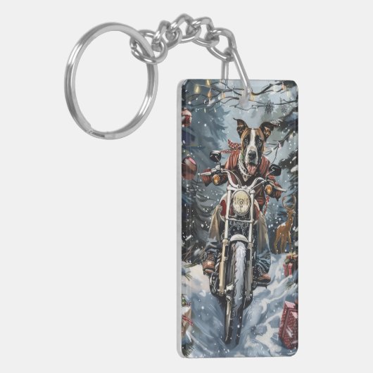 大きなダン犬オートバイクリスマスに乗る キーホルダー (正面左)