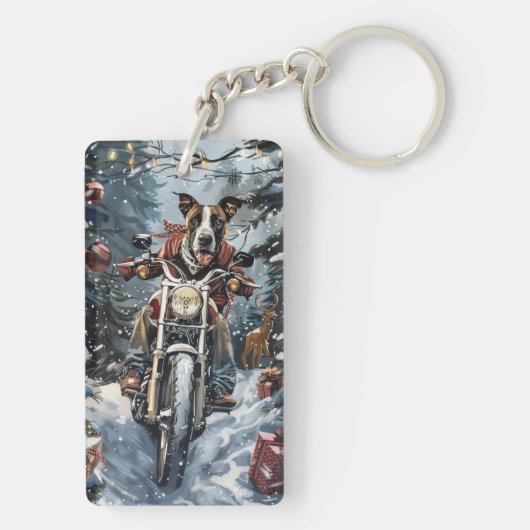大きなダン犬オートバイクリスマスに乗る キーホルダー (裏面)